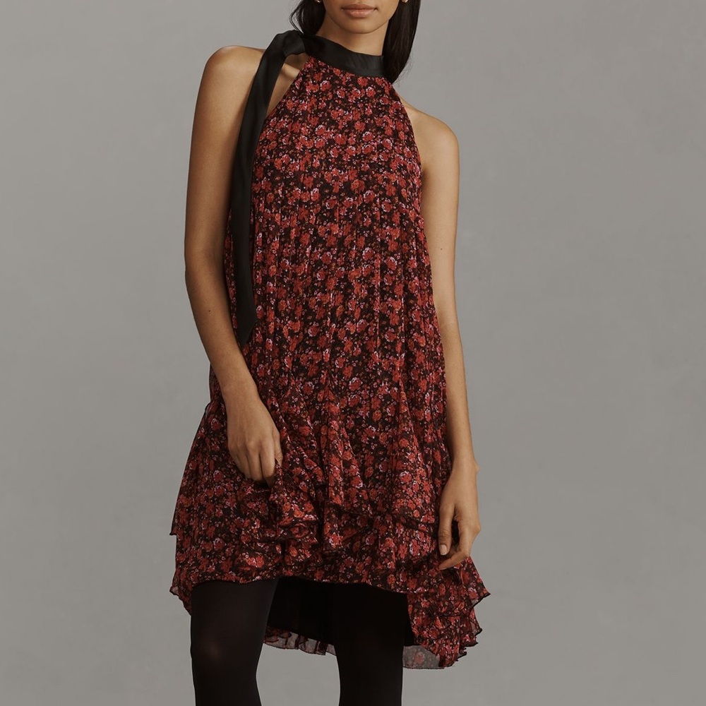 ANTHROPOLOGIE TIE NECK HALTER RUFFLE DRESS SIZE M MSRP $188.00 NWT